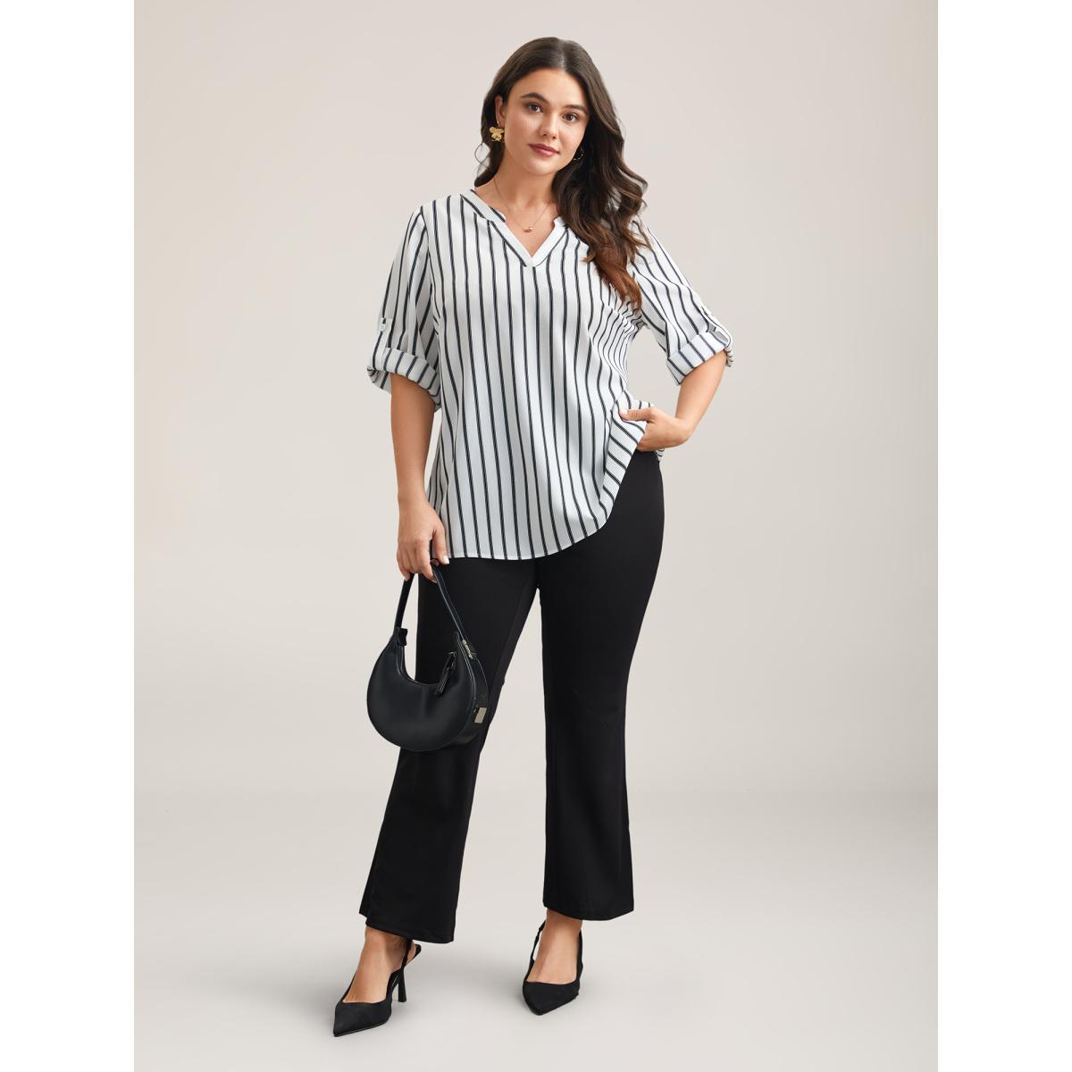 Plus Size WhiteSmoke Notched Collar Striped Tab Sleeve Shirt Women At the Office Elbow-length sleeve Notched collar Work Blouses BloomChic 26/4X Product Image