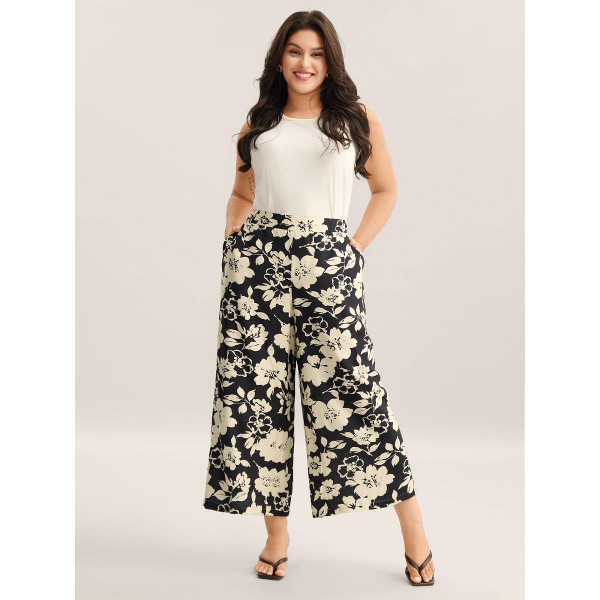 Plus Size Floral Print Pull-On Wide-Leg Pants Women BlackFlower Elegant Wide Leg Mid Rise Everyday-Elegant Pants BloomChic 14-16/1X Product Image