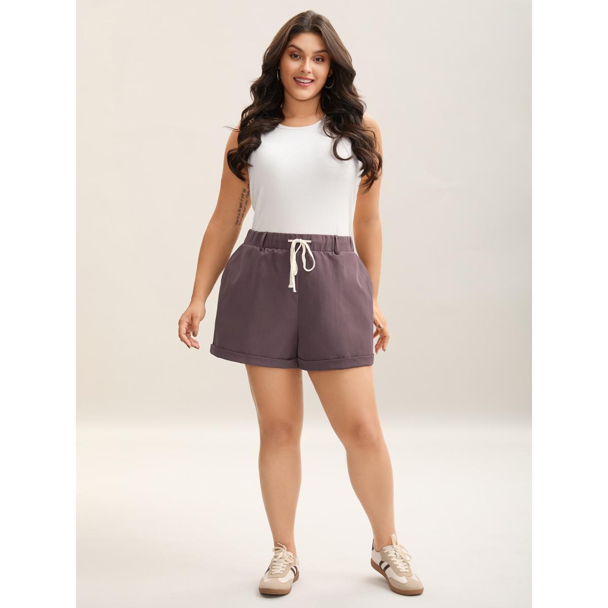 Plus Size Rolled Hem Straight-Fit Shorts Women Mauve Casual Roll Hem Straight Leg Everyday-Casual Shorts BloomChic 18-20/2X Product Image