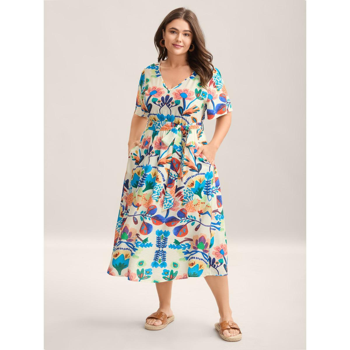 Plus Size Blooming Florals V-Neck Pockets Maxi Dress Multicolor Women V-neck Short sleeve Curvy BloomChic 28/5X Product Image