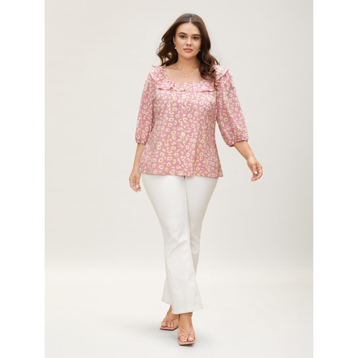 Plus Size Lightpink Daisy Patterned Ruffled Collar Blouse Women Elegant Elbow-length sleeve Square Neck Everyday Blouses BloomChic 28/5X Product Image