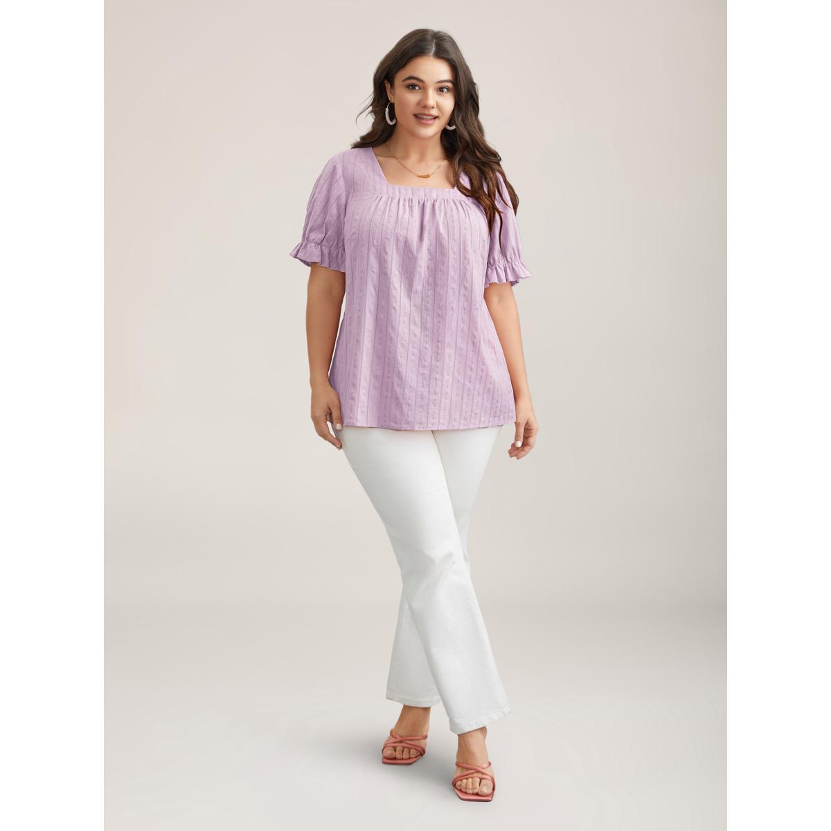 Plus Size Lilac Cotton Square Neck Ruffled Sleeve Shirt Women Elegant Short sleeve Square Neck Everyday Blouses BloomChic 26/4X Product Image