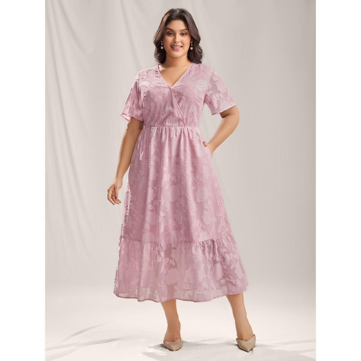 Plus Size Floral Textured Pockets Tiered Maxi Dress Lilac Women Overlap Collar Short sleeve Curvy BloomChic 10/M Product Image