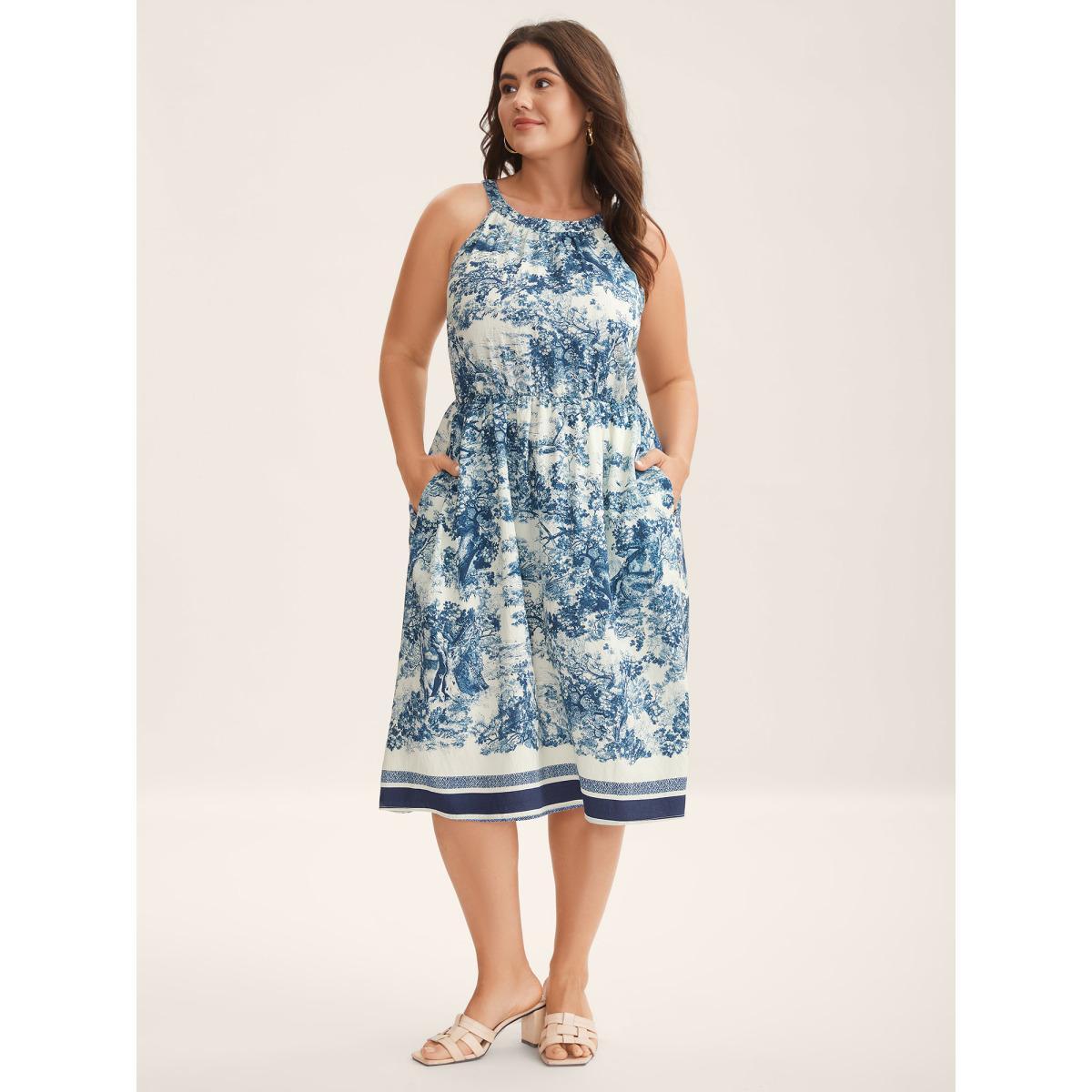 Plus Size Artistic Print Halter Neck Midi Dress Mediumblue Women Round Neck Sleeveless Curvy BloomChic 14-16/1X Product Image