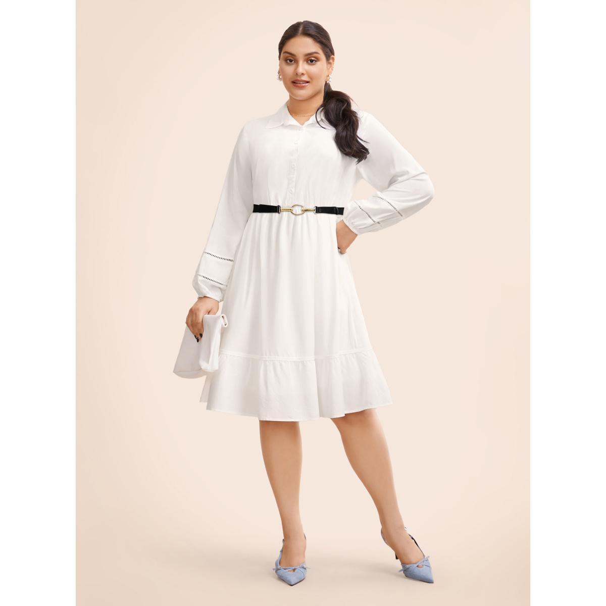 Plus Size Shirt Collar Button Detail Woven Ribbon Dress Originalwhite Women Workwear Essentials Woven ribbon&lace trim Shirt collar Long Sleeve Curvy BloomChic 30/6X Product Image