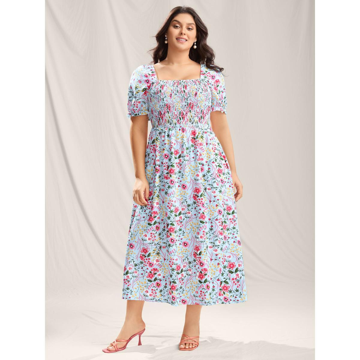 Plus Size Shirred Floral Print Pockets Maxi Dress LightBlue Women Square Neck Short sleeve Curvy BloomChic 26/4X Product Image