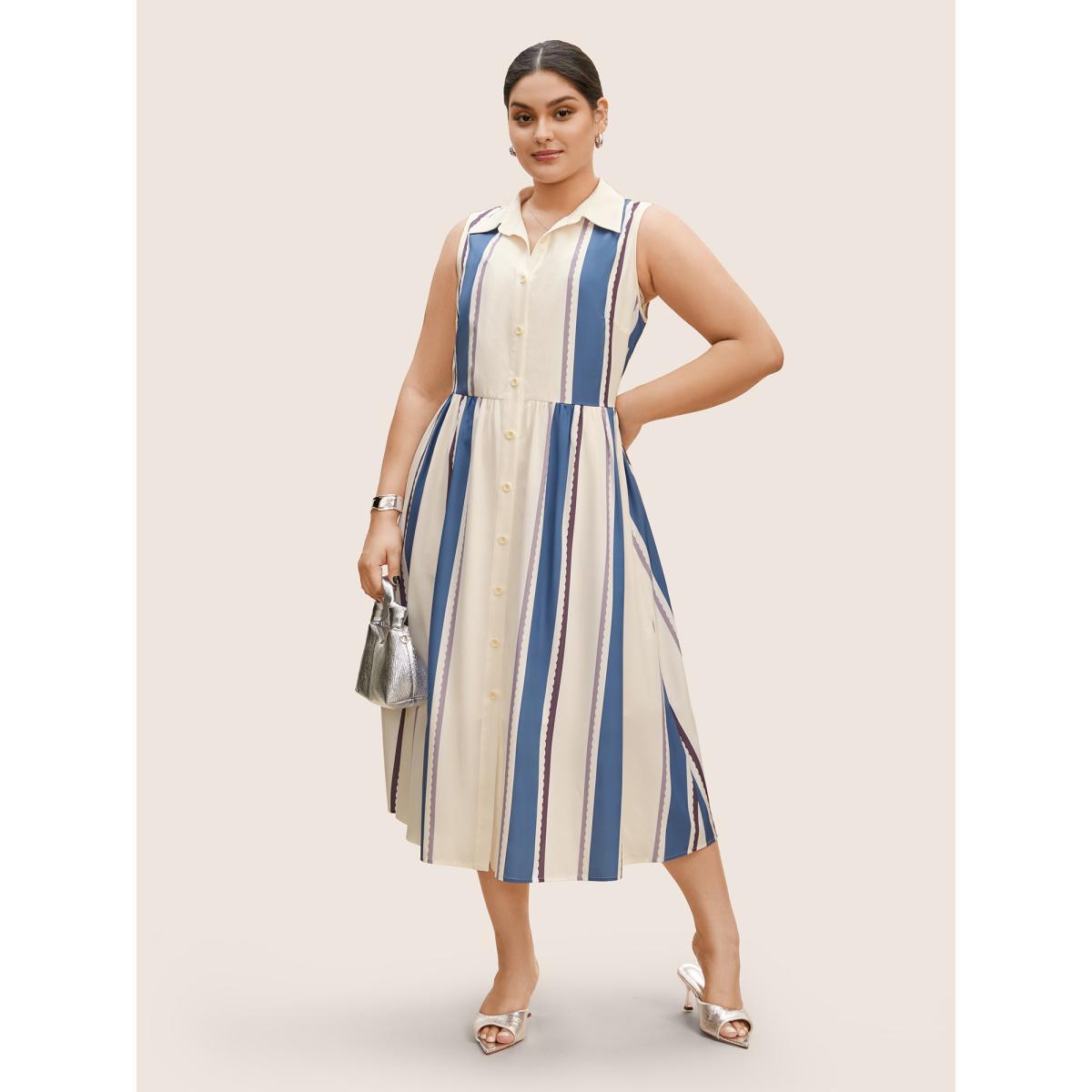 Plus Size Shirt Collar Contrast Striped Sleeveless Midi Dress LightBlue Women At the Office Contrast Shirt collar Sleeveless Curvy BloomChic 14-16/1X Product Image