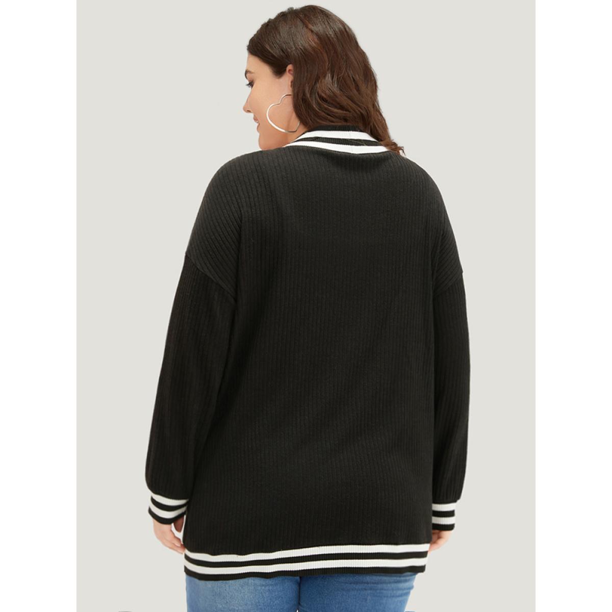 Plus Size Halloween Patchwork Striped Pocket Button Up Rib Knit Coat Women Black Casual Patchwork Ladies Dailywear Winter Coats BloomChic 26/4X Product Image