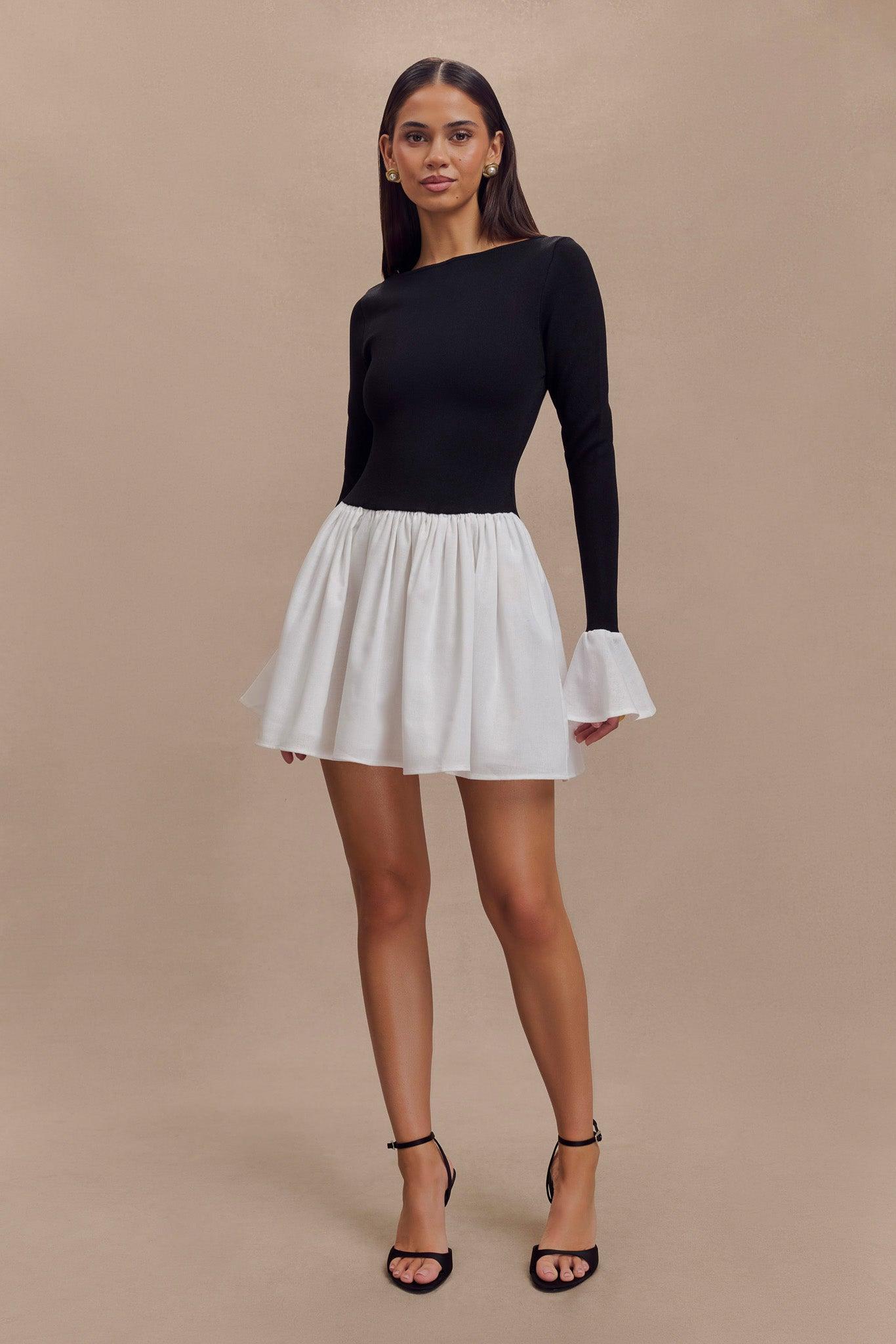 Sansa Knit And Linen Mini Dress - Black & White Product Image