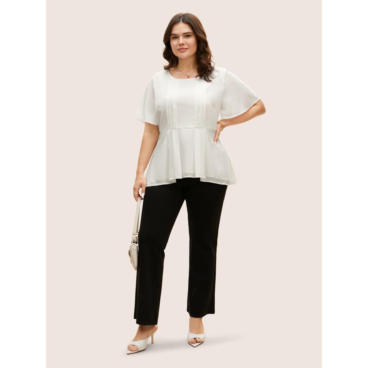 Plus Size Ivory Tiered Mesh Pleated Ruffle Sleeve Blouse Women At the Office Short sleeve Round Neck Work Blouses BloomChic 14-16/1X Product Image