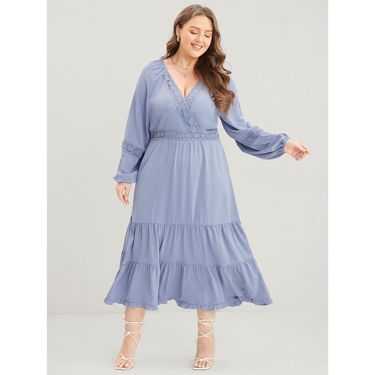 Plus Size Plain Wrap Pocket Lantern Sleeve Contrast Lace Ruffle Tiered Dress Stone Women Elegant Patchwork V-neck Long Sleeve Curvy Midi Dress BloomChic 10/M Product Image