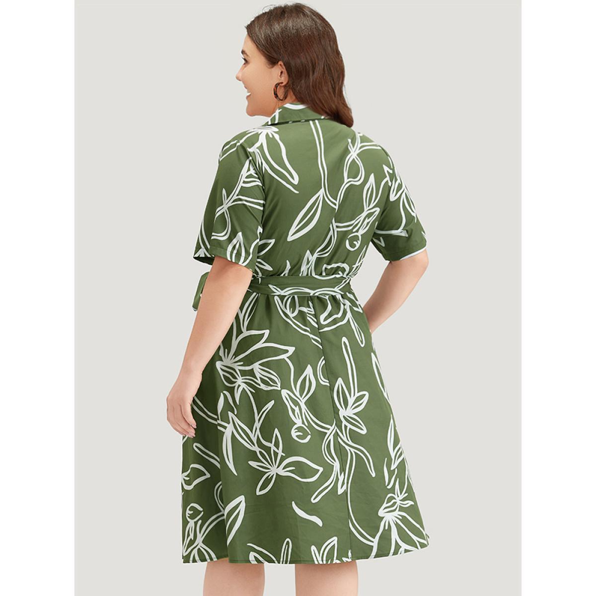 Plus Size Graphic Print Belted Shirt Collar Button Up Dress Sage Women Office Belted Shirt collar Short sleeve Curvy Midi Dress BloomChic 26/4X Product Image