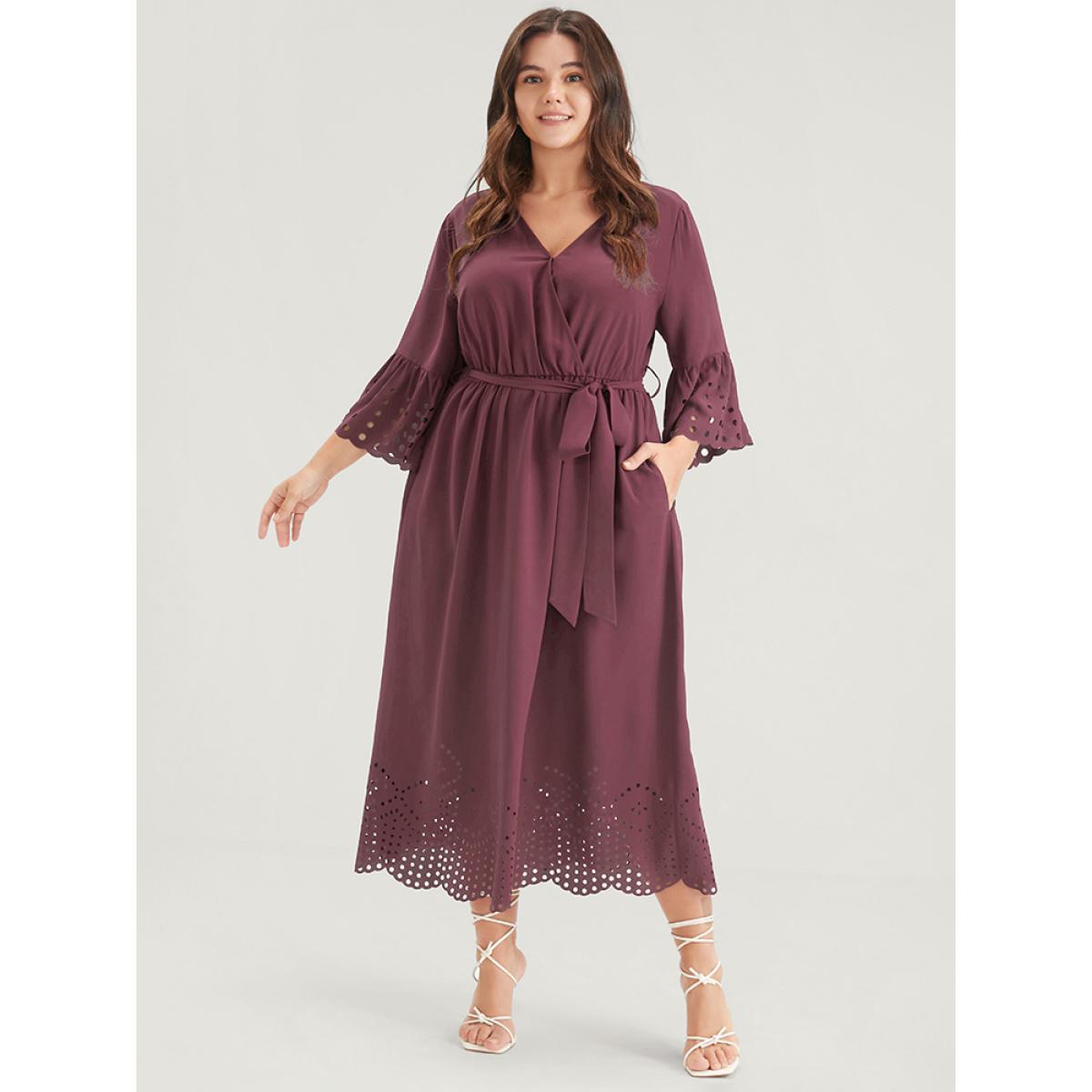 Plus Size Plain Scalloped Ruffles Pocket Laser Cut Belted Wrap Dress DustyPink Women Elegant Belted V-neck Elbow-length sleeve Curvy Midi Dress BloomChic 18-20/2X Product Image