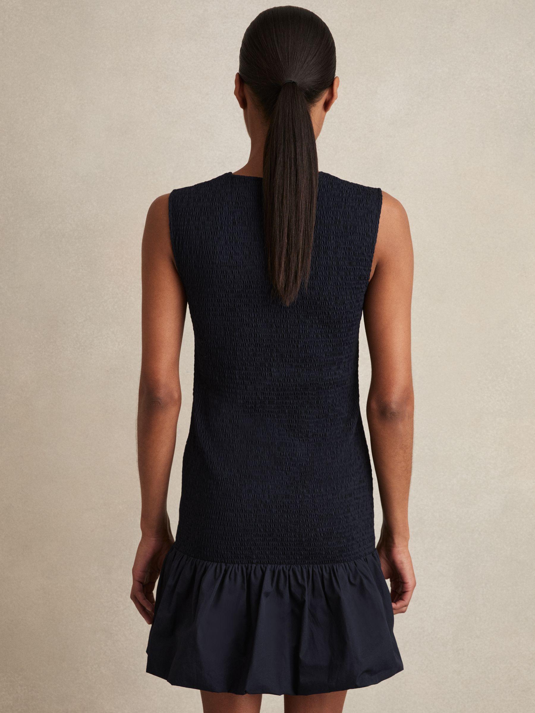 Cotton Shirred Bubble-Hem Mini Dress in Navy Product Image