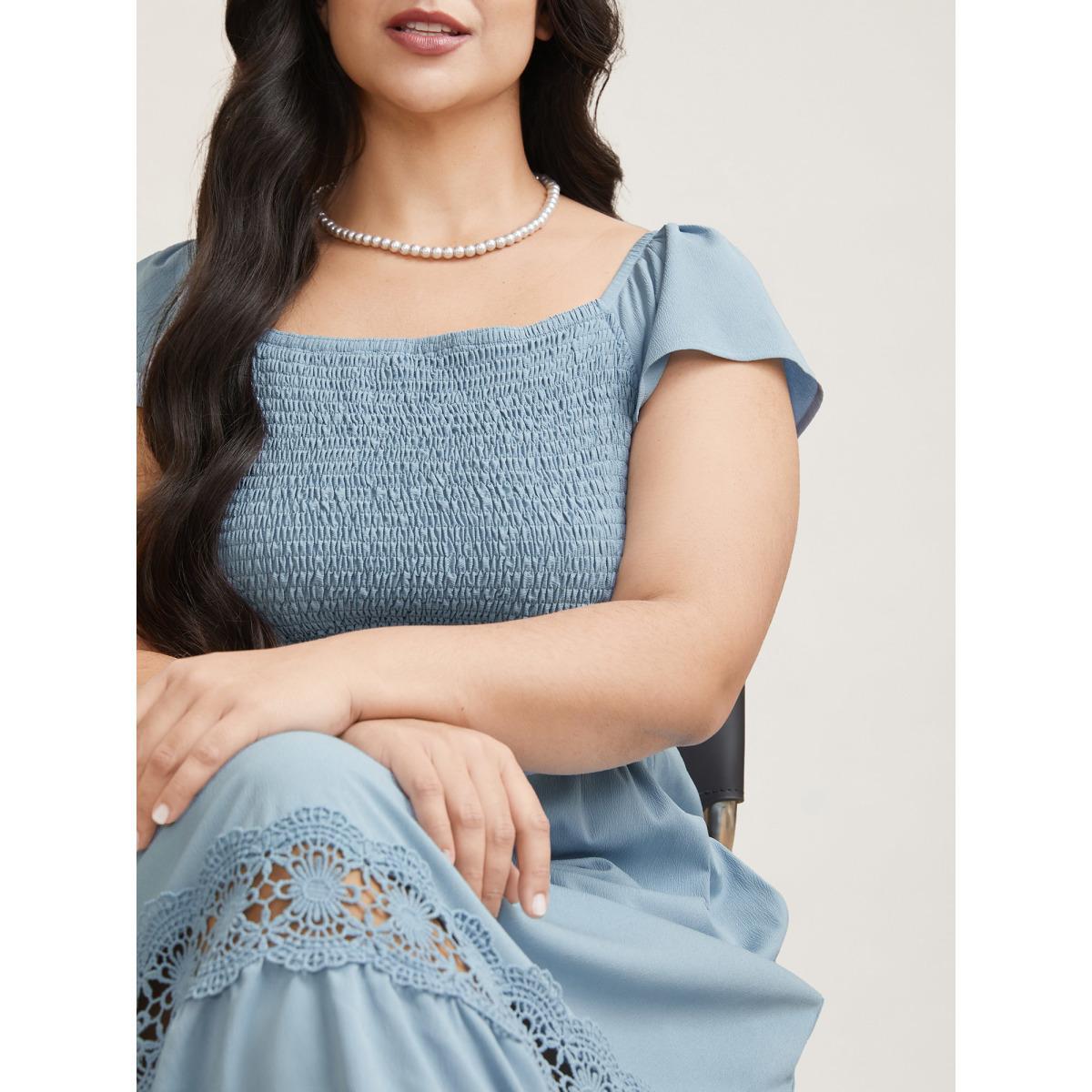 Plus Size Shirred Stretchy Waist Lace Trim Midi Dress Skyblue Women Elegant Woven ribbon&lace trim Square Neck Sleeveless Curvy BloomChic 10/M Product Image
