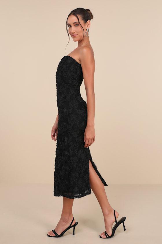 Flawless Perfection Black Floral Applique Strapless Midi Dress Product Image
