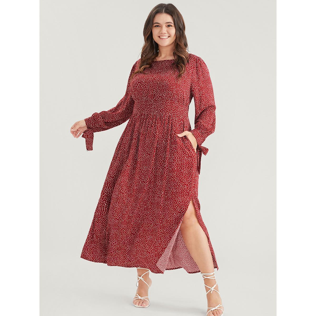 Plus Size Polka Dot Knotted Sleeve Pocket Shirred Split Dress Scarlet Women Elegant Cross straps Round Neck Long Sleeve Curvy Midi Dress BloomChic 18-20/2X Product Image