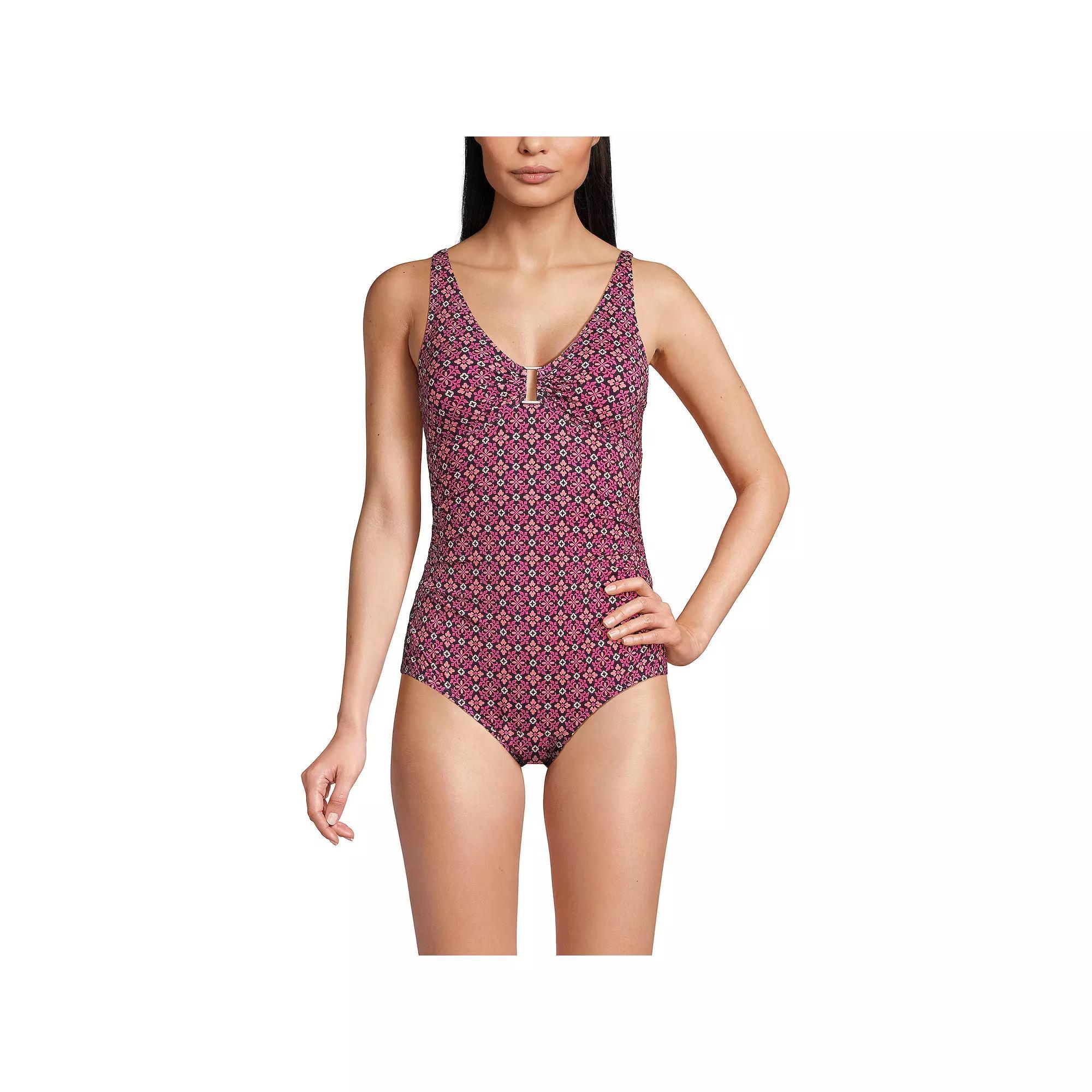 Womens Lands End Embellished V-Neck Shirred Waist One-Piece Swimsuit Product Image