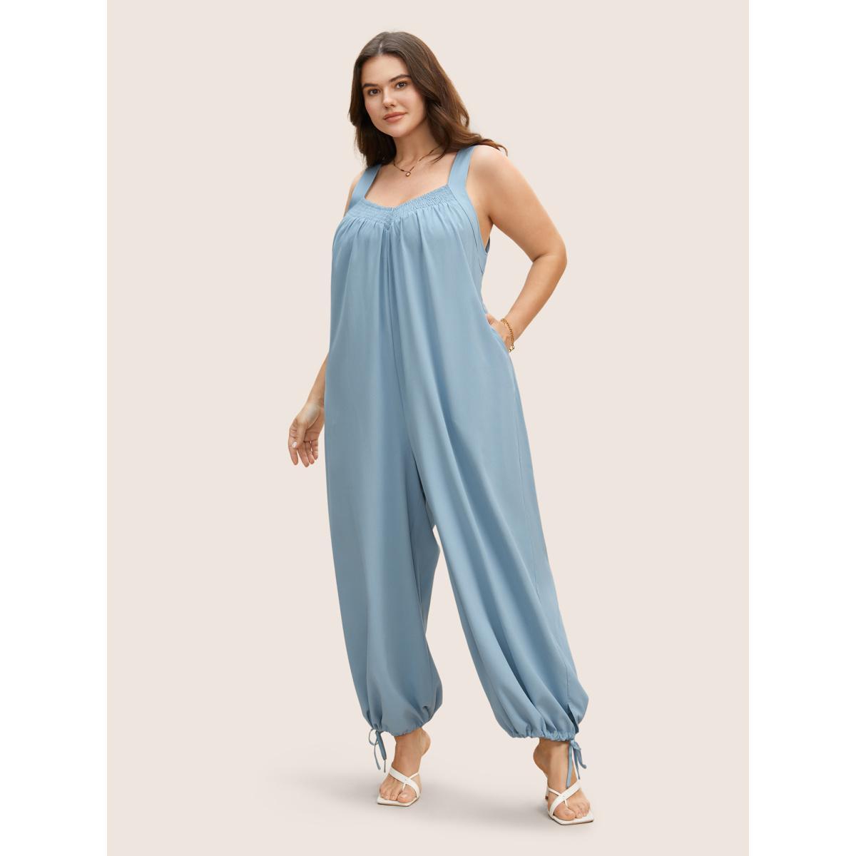 Plus Size LightBlue Heart Neckline Shirred Drawstring Carrot Jumpsuit Women Casual Sleeveless Heart neckline Everyday Loose Jumpsuits BloomChic 22-24/3X Product Image