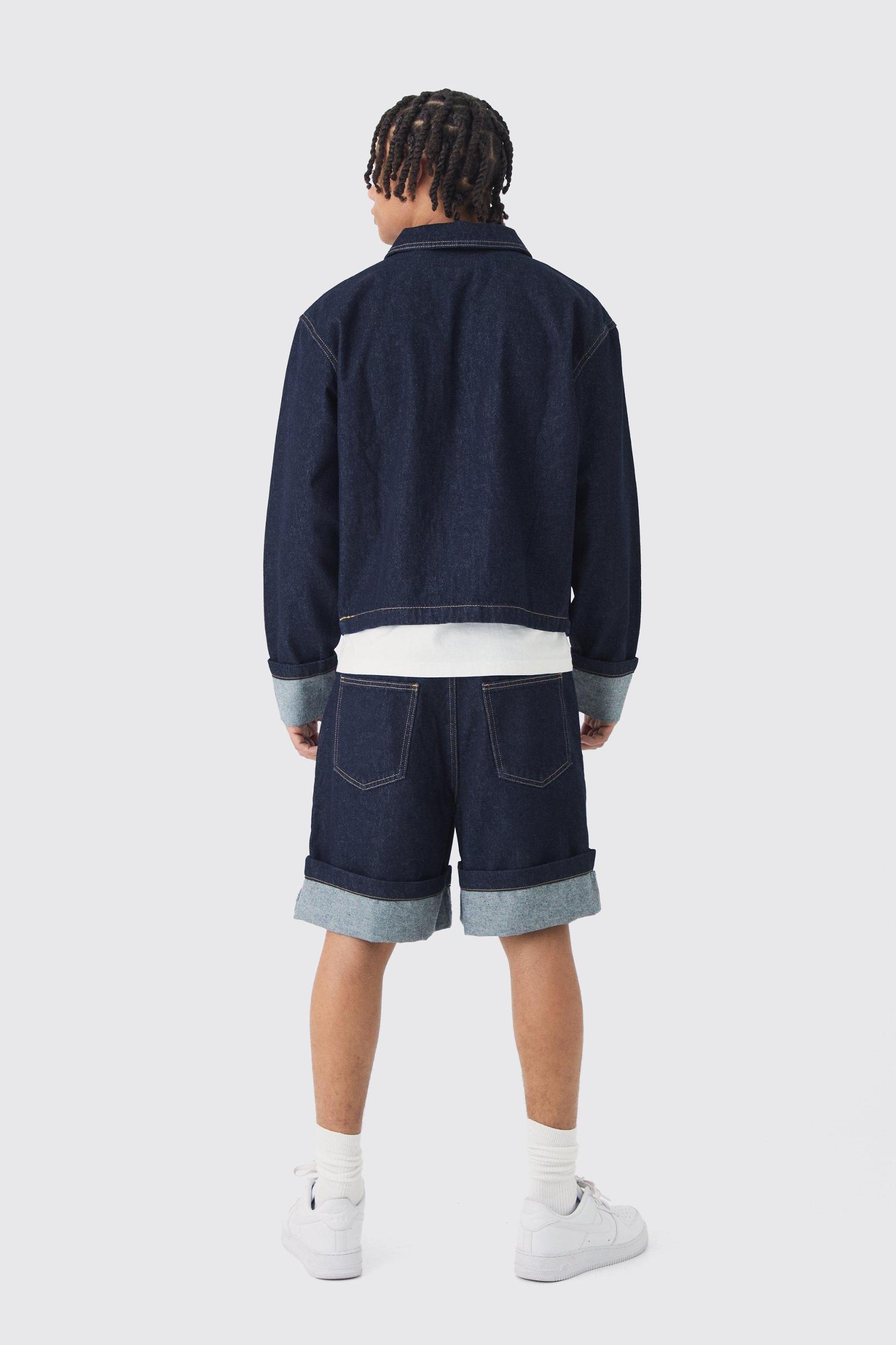 Boxy Fit Cuffed Jean Jacket In Indigo | boohooMAN USA Product Image