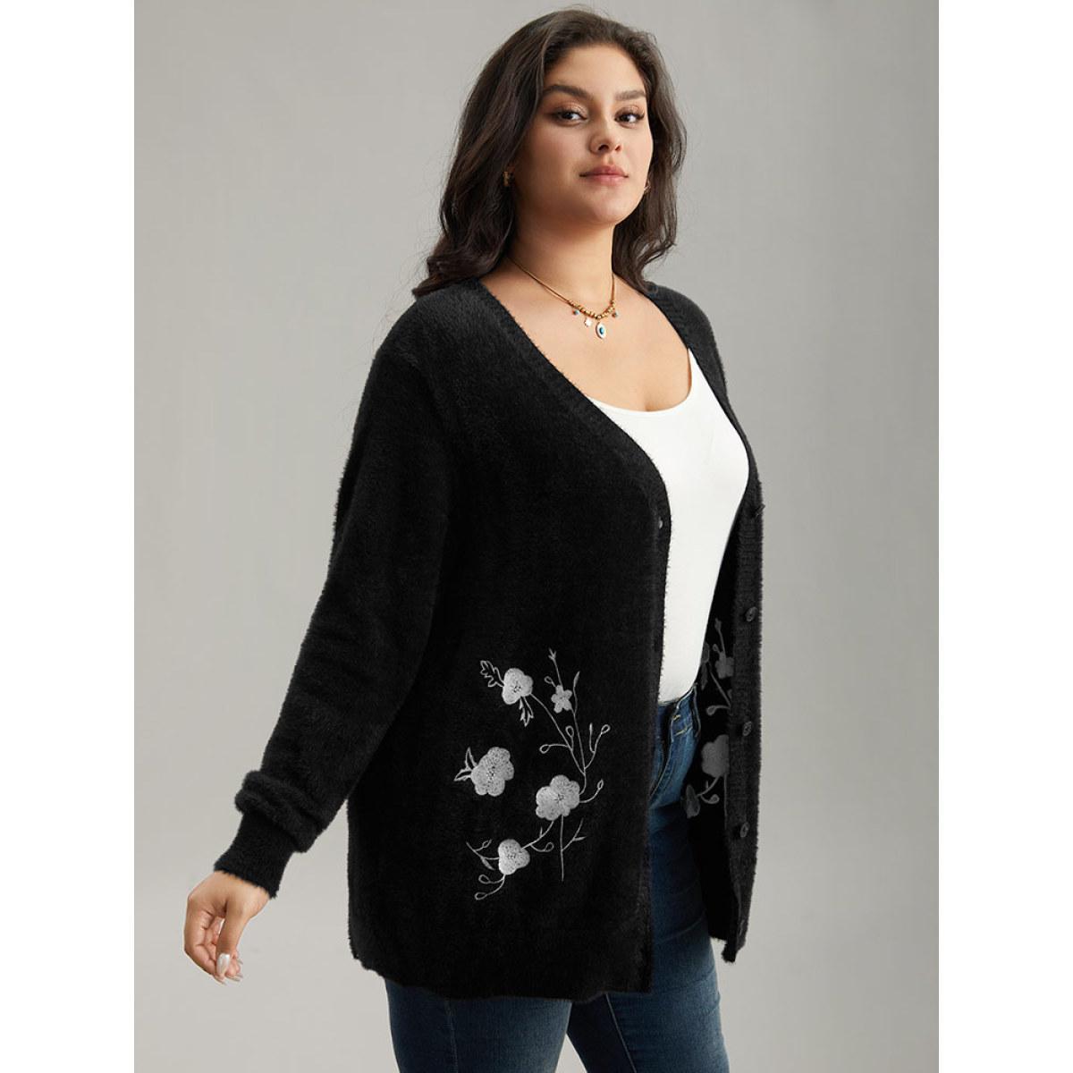 Plus Size Floral Embroidered Fuzzy Open Front Cardigan Black Women Casual Loose Long Sleeve Everyday Cardigans BloomChic 18-20/2X Product Image