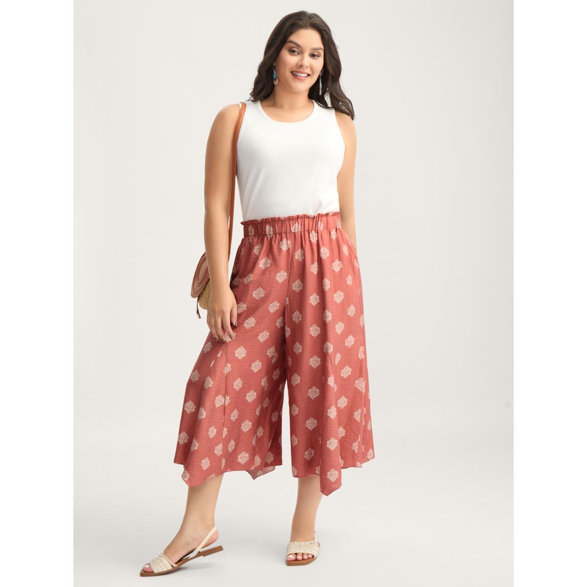 Plus Size Boho Print Irregular Hem Flare Pants Women Crepe Beach Bootcut Mid Rise Vacation Pants BloomChic 14-16/1X Product Image