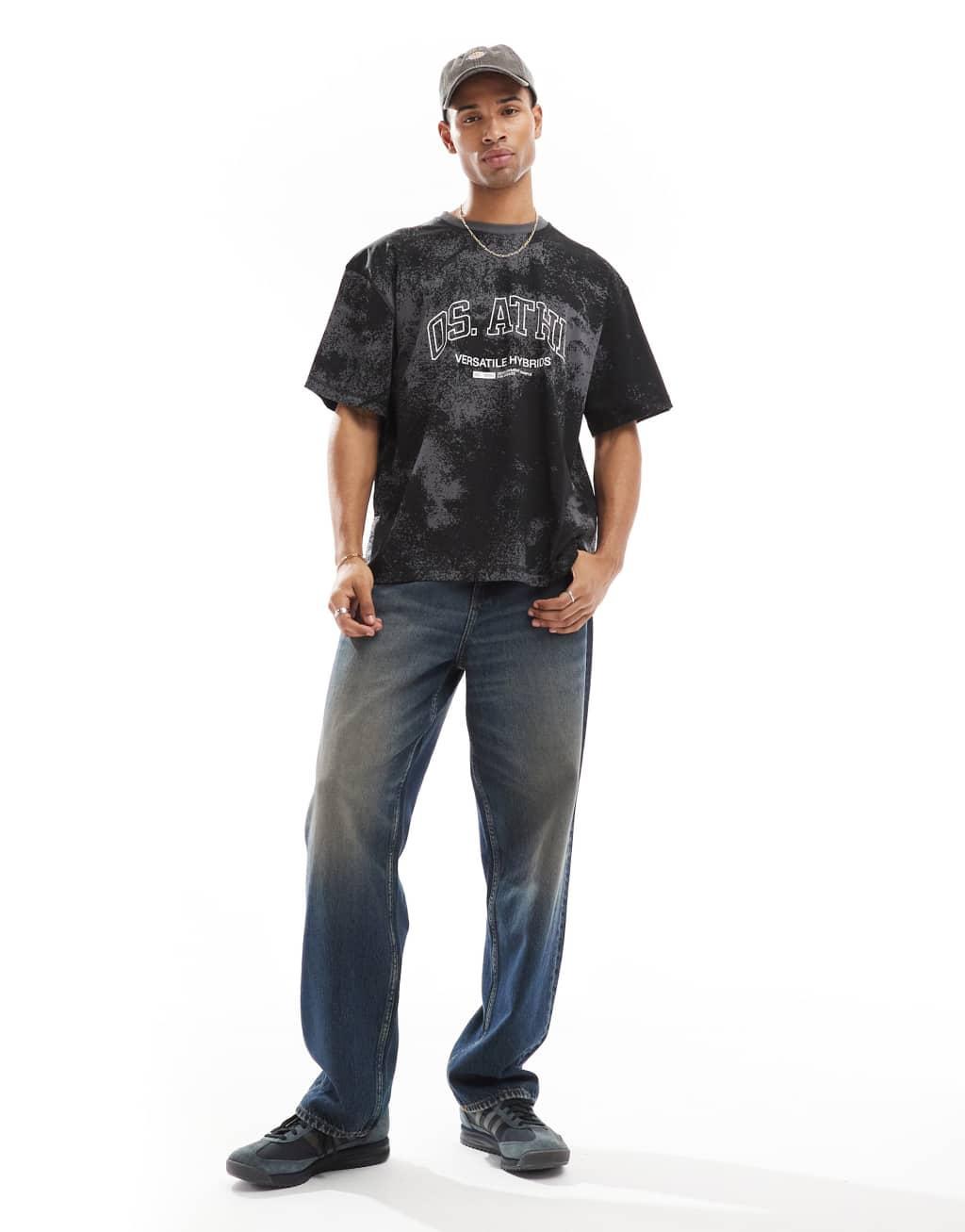 ONLY & SONS oversized T-shirt with athletic logo in washed gray Product Image