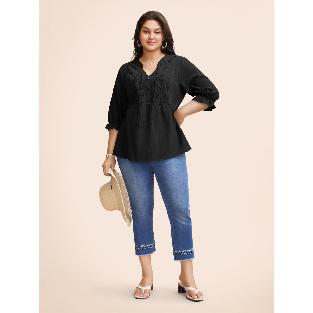 Plus Size Black Broderie Anglaise Tie Knot Lantern Sleeve Blouse Women Resort Elbow-length sleeve Notched collar Vacation Blouses BloomChic 28/5X Product Image