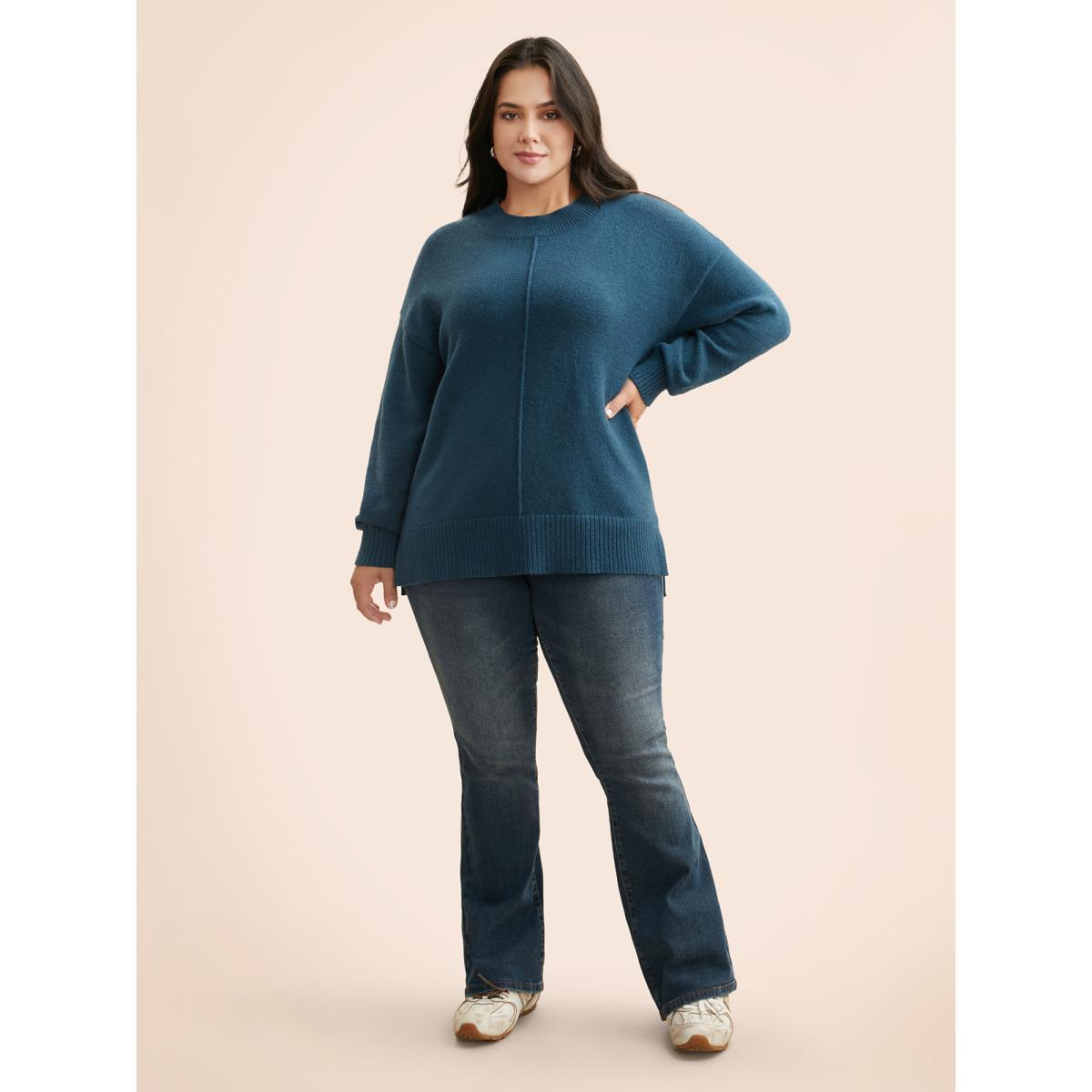 Plus Size Supersoft Essentials Split Wool Pullover Indigo Women Casual Loose Long Sleeve Round Neck Everyday Pullovers BloomChic 12/L Product Image
