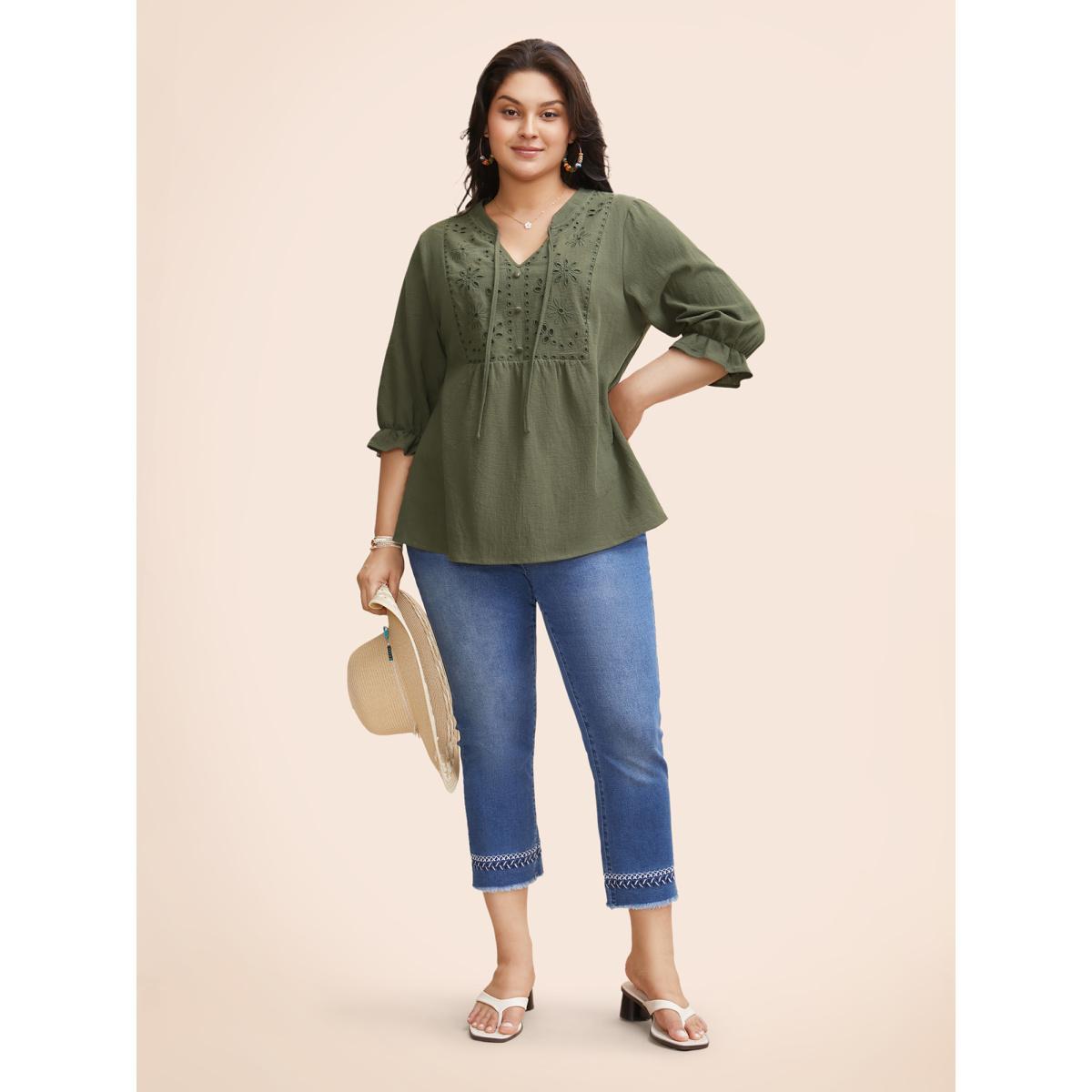 Plus Size ArmyGreen Broderie Anglaise Tie Knot Lantern Sleeve Blouse Women Resort Elbow-length sleeve Notched collar Vacation Blouses BloomChic 18-20/2X Product Image