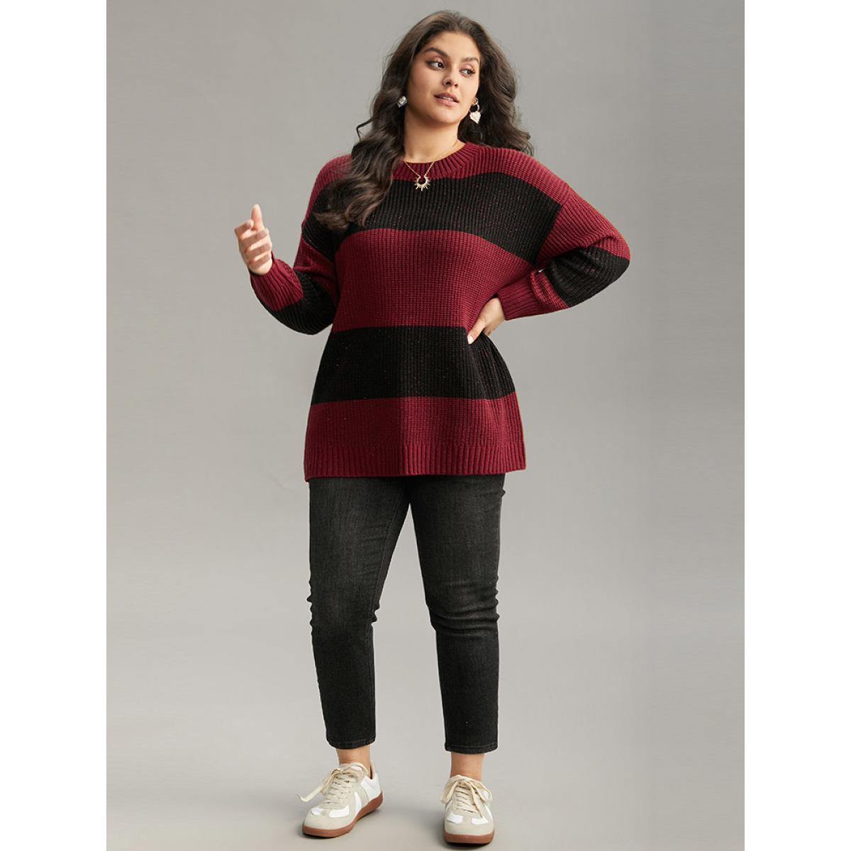 Plus Size Sparkly Two Tone Colorblock Pullover Scarlet Women Casual Loose Long Sleeve Round Neck Dailywear Pullovers BloomChic 26/4X Product Image