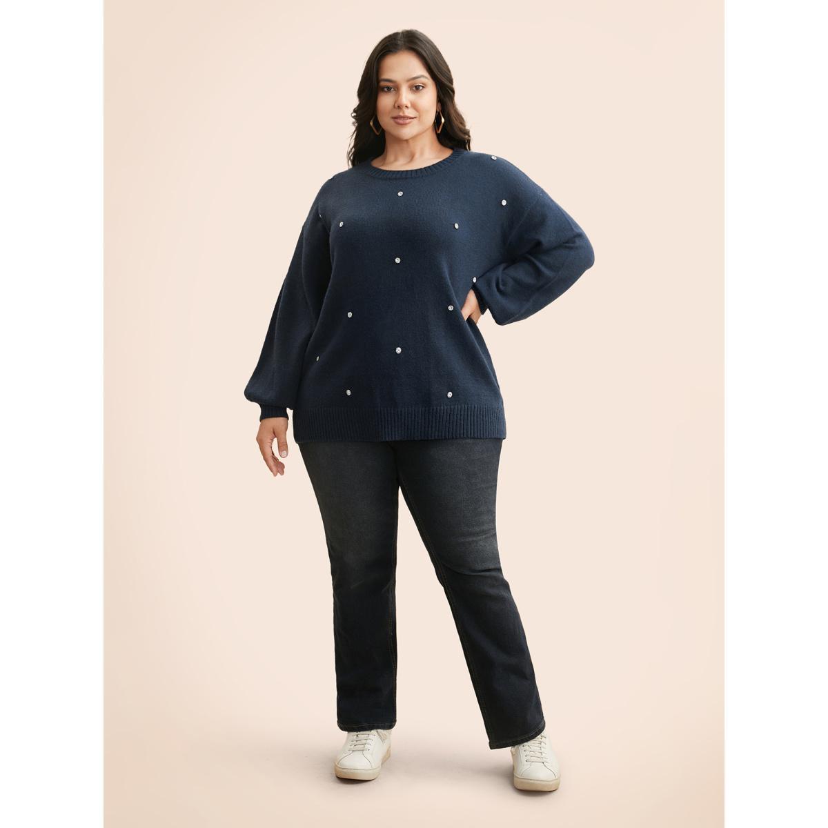 Plus Size Rhinestone Decor Dropped Shoulder Pullover Indigo Women Casual Loose Long Sleeve Round Neck Everyday Pullovers BloomChic 10/M Product Image