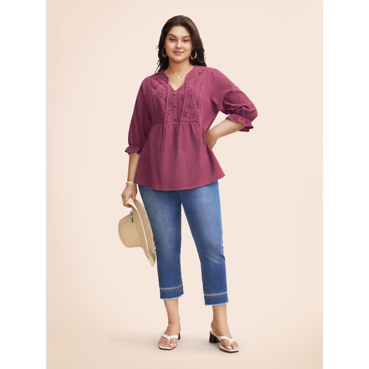 Plus Size ArmyGreen Broderie Anglaise Tie Knot Lantern Sleeve Blouse Women Resort Elbow-length sleeve Notched collar Vacation Blouses BloomChic 18-20/2X Product Image
