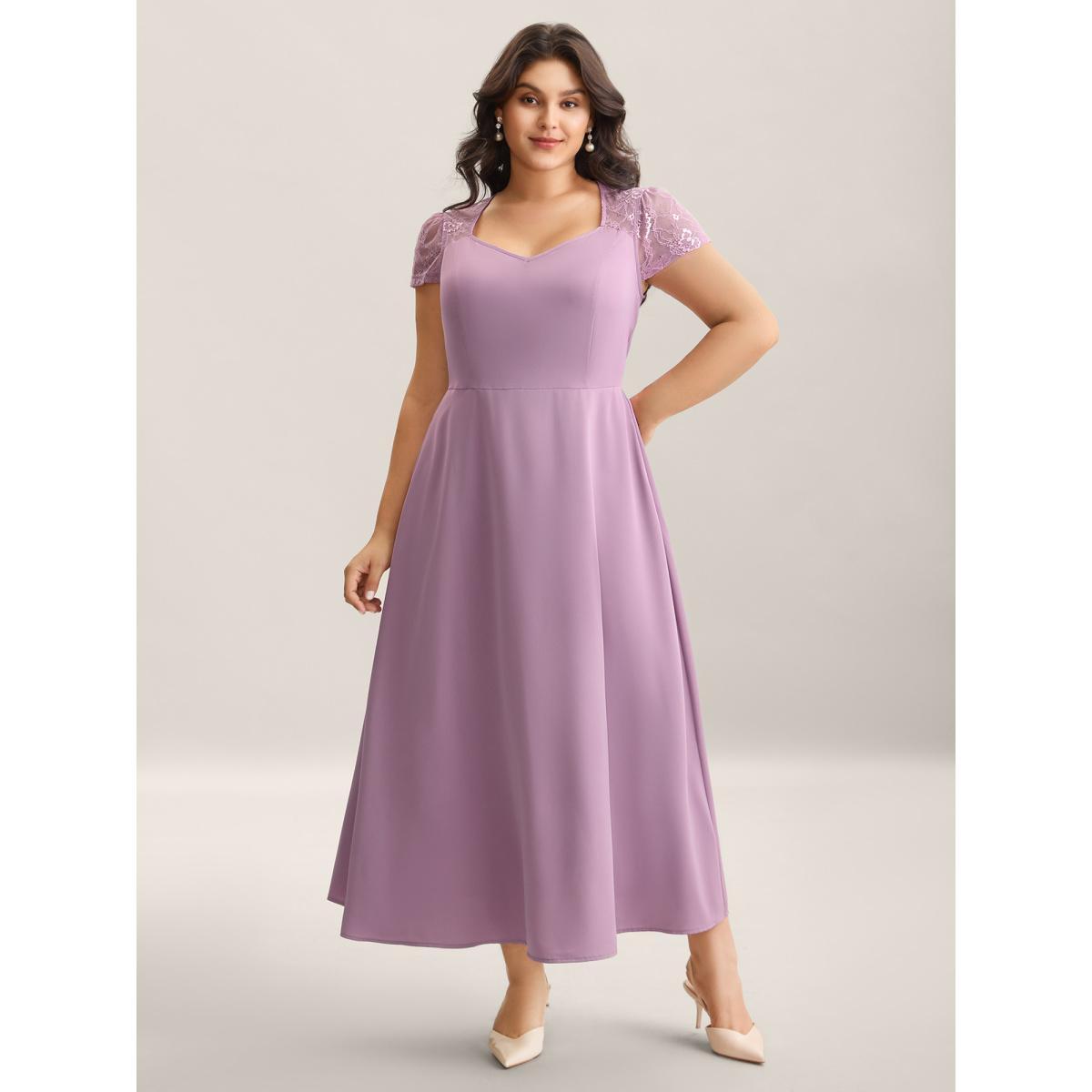 Plus Size Sheer Lace Sleeve Spliced Pockets Maxi Dress Mauve Women V-neck Cap Sleeve Curvy BloomChic 10/M Product Image