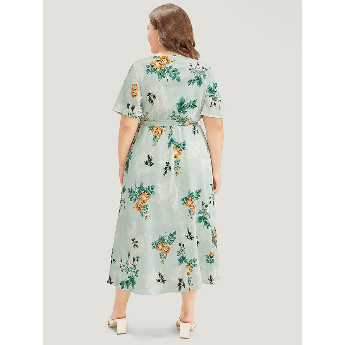 Plus Size Floral Pocket Ruffle Sleeve Wrap Belt Asymmetrical Hem Dress LightGreen Women Elegant Cross straps V-neck Short sleeve Curvy Midi Dress BloomChic 12/L Product Image