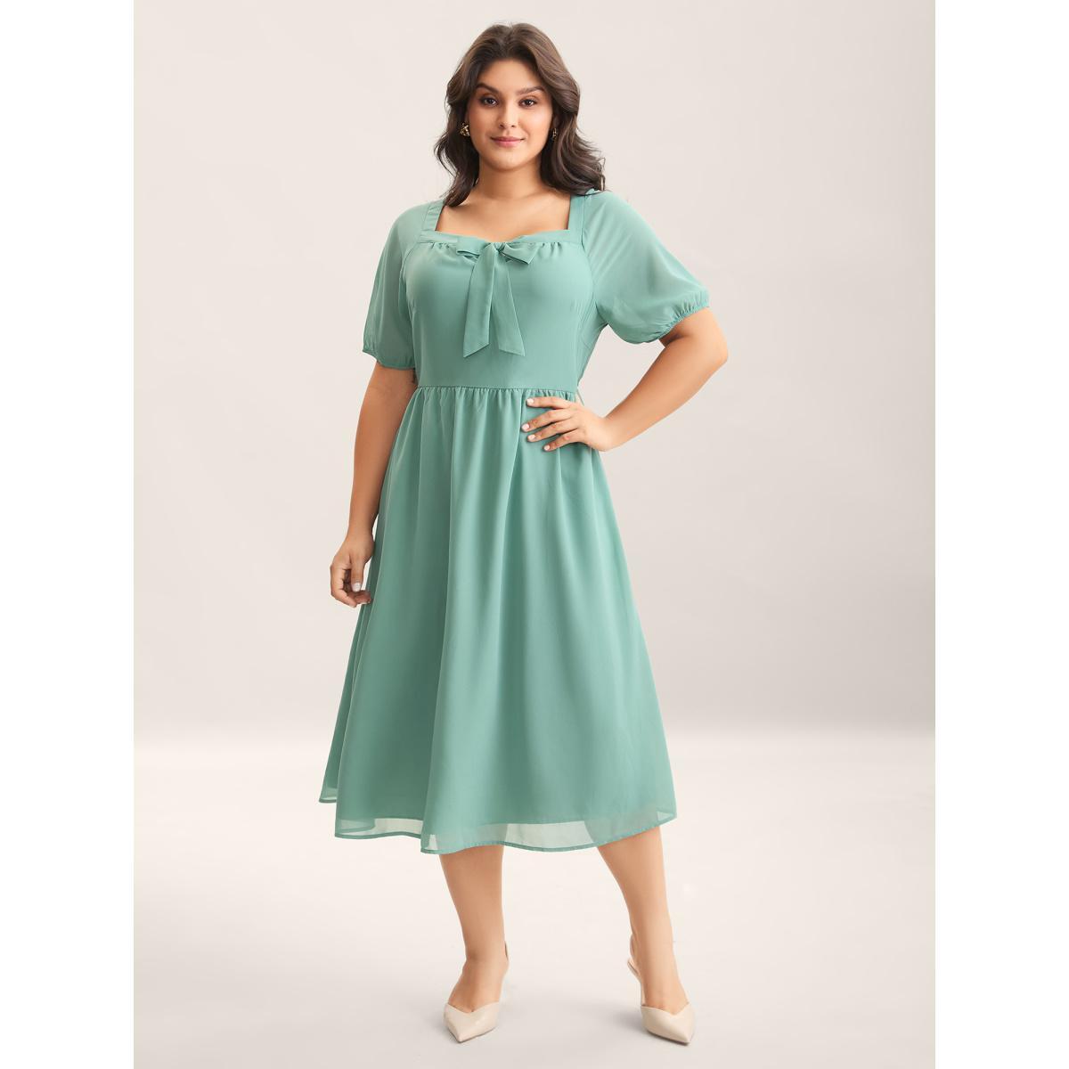 Plus Size Chiffon Ribbon Collar Waist-Cinched Dress Teal Women Square Neck Short sleeve Curvy BloomChic 26/4X Product Image