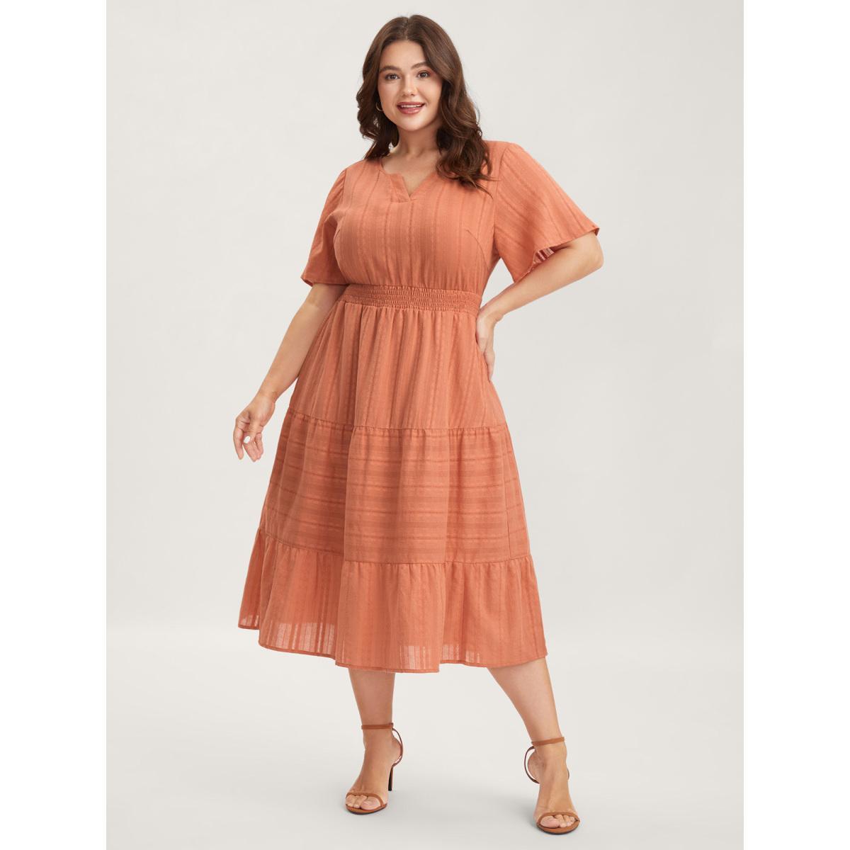 Plus Size Pure Cotton Solid Textured Shirred Midi Dress Coral Women Notched collar Short sleeve Curvy BloomChic 18-20/2X Product Image