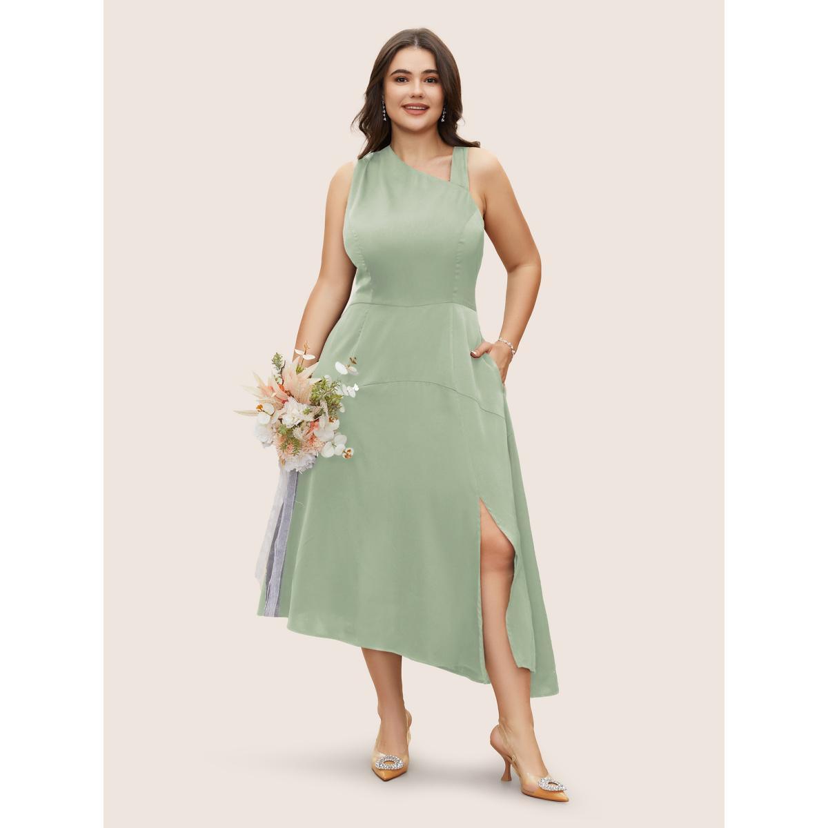 Plus Size Solid Asymmetrical Neck Split Hem Dress Palemauve Women Formal Asymmetrical Neck Sleeveless Curvy Midi Dress BloomChic 26/4X Product Image