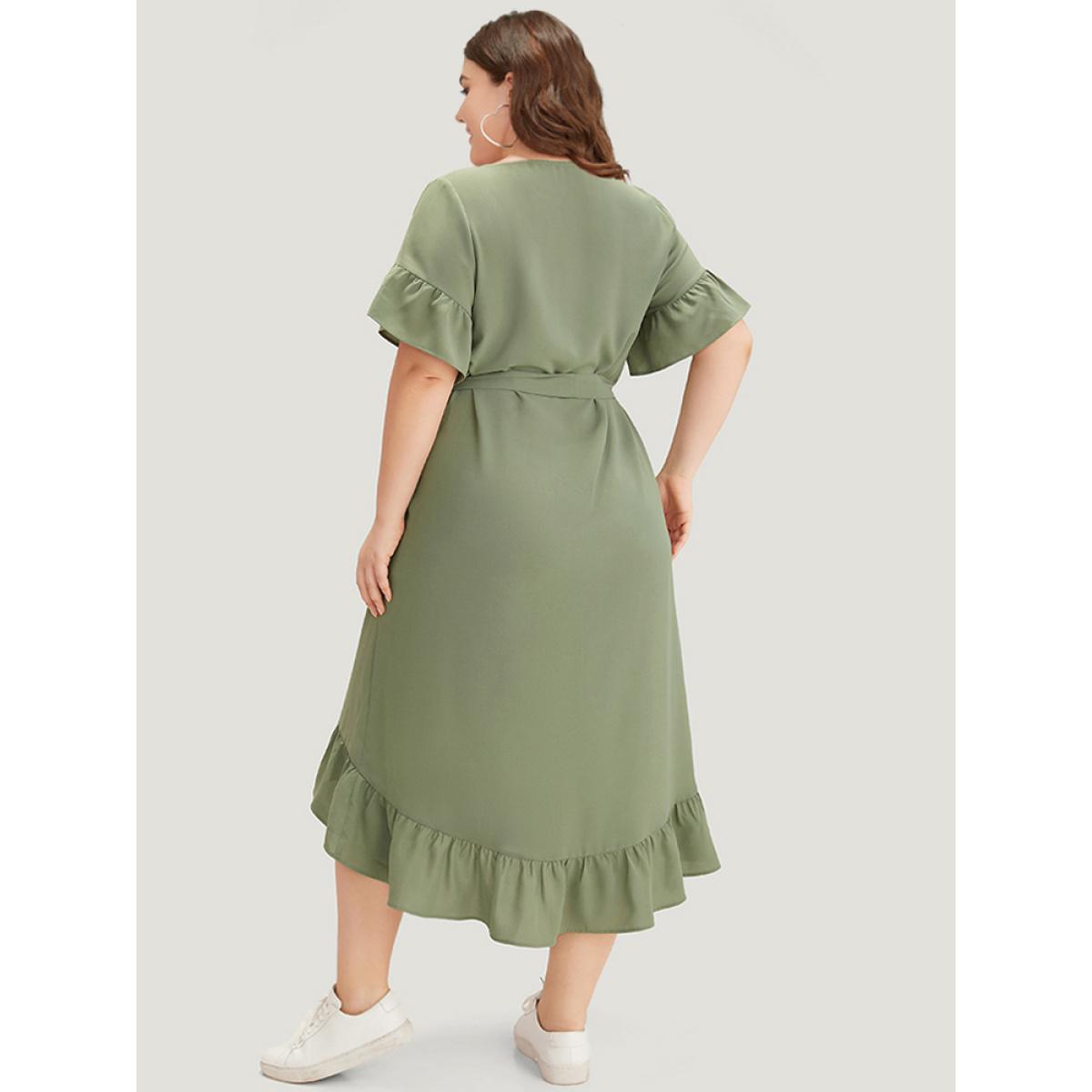 Plus Size Plain Button Through Belted Pocket Flutter Sleeve Dress Mint Women Casual Plain V-neck Short sleeve Curvy Midi Dress BloomChic 28/5X Product Image