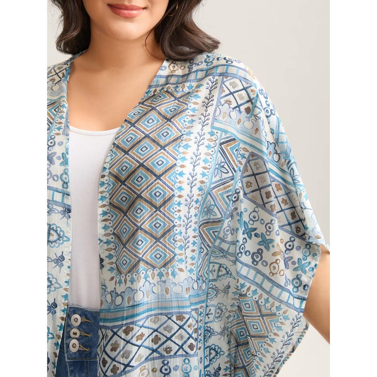 Plus Size Abstract Print Flowy Sleeve Kimono Women Stone Non Loose Vacation Kimonos BloomChic 12/L Product Image