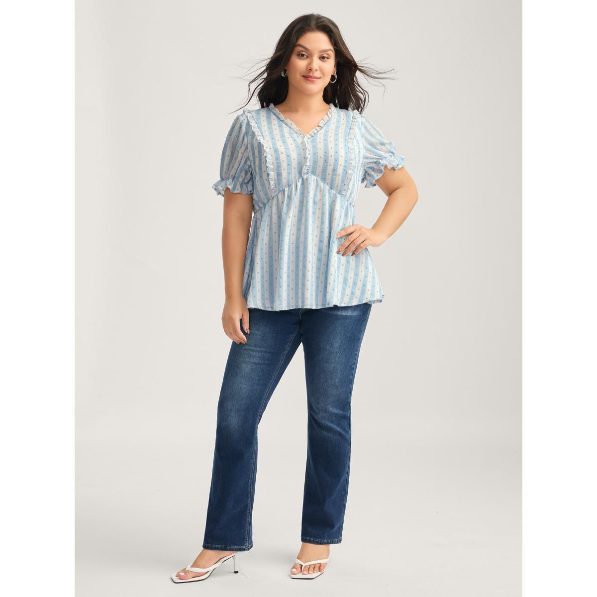 Plus Size Stone Textured Striped Print Ruffled Babydoll Top Women Short sleeve Deep V-neck Everyday-Elegant Blouses BloomChic 28/5X Product Image