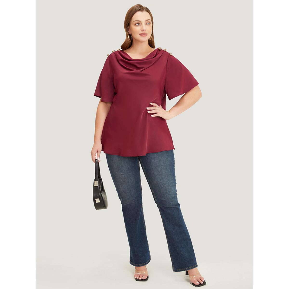 Plus Size Scarlet Plain Cowl Neck Button Detail Flutter Sleeve Blouse Women Office Short sleeve Cowl Neck Work Blouses BloomChic 28/5X Product Image