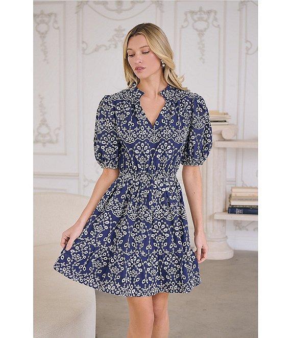 Sugarlips Rosie Eyelet Floral Split V-Neck Short Sleeve Mini A-Line Dress Product Image