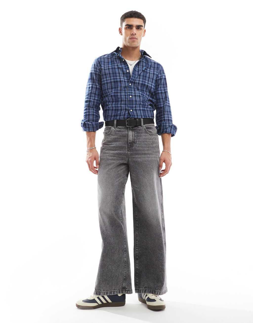 Polo Ralph Lauren icon logo check performance brushed twill shirt in mid blue Product Image