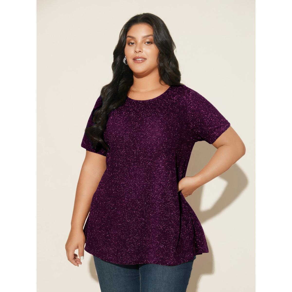 Plus Size Shimmering Gold & Silver Thread A-Line Tee Black Women Casual Non Round Neck Loose Everyday T-shirts BloomChic 10/M Product Image