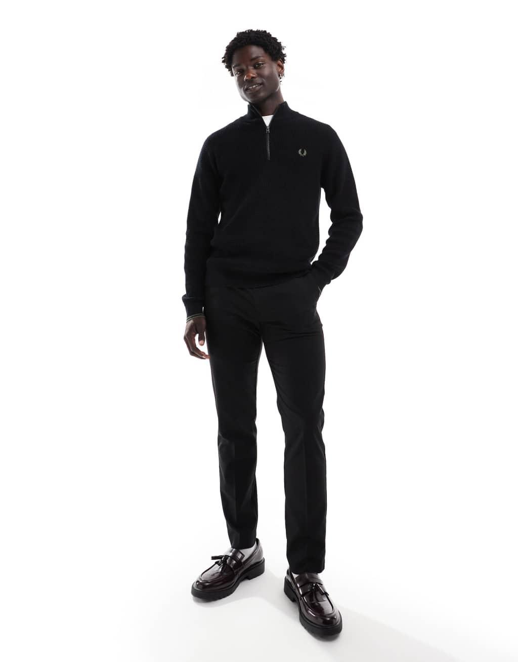 Fred Perry waffle stitch knit half zip sweater in black Product Image