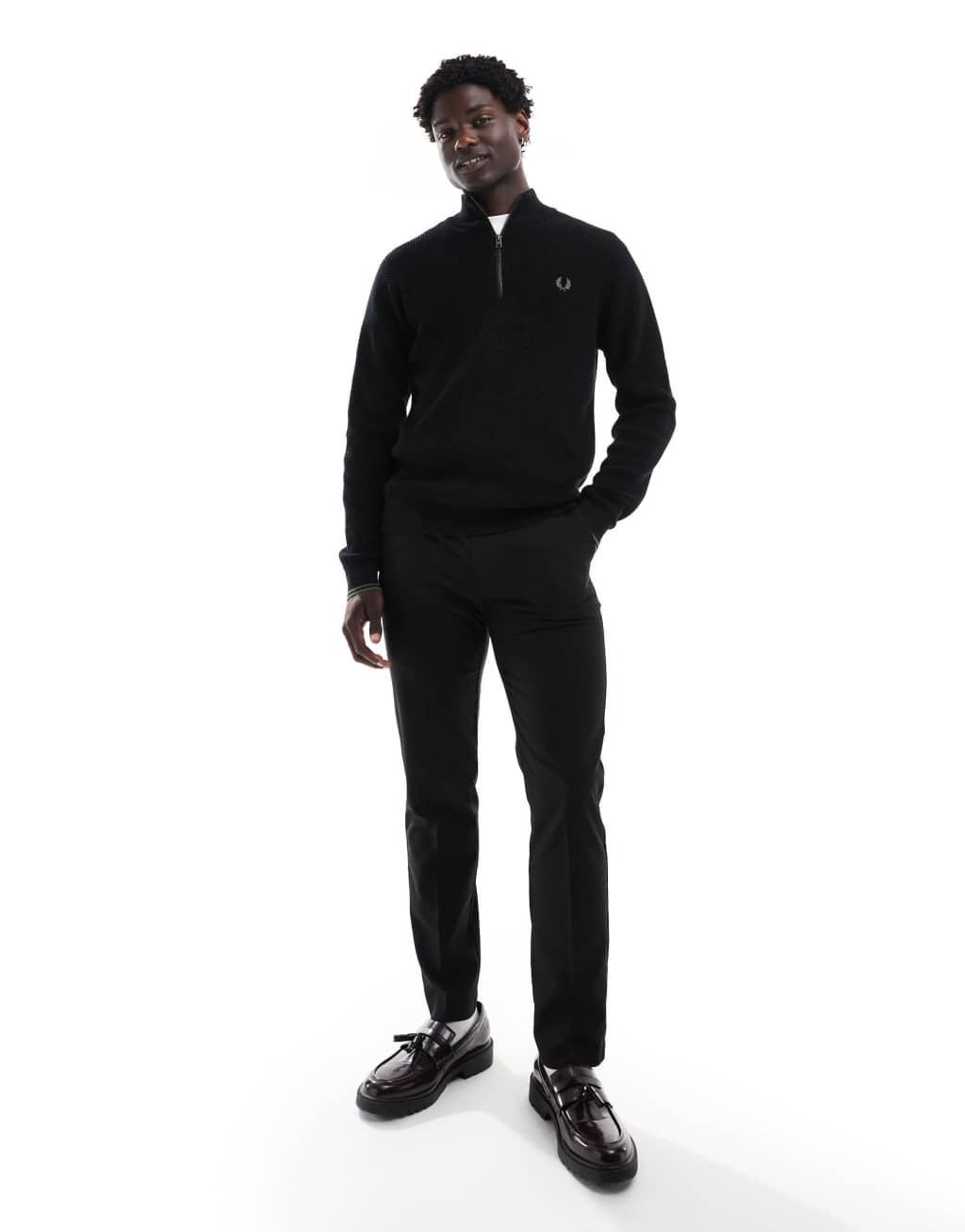 Fred Perry waffle stitch knit half zip sweater in black Product Image