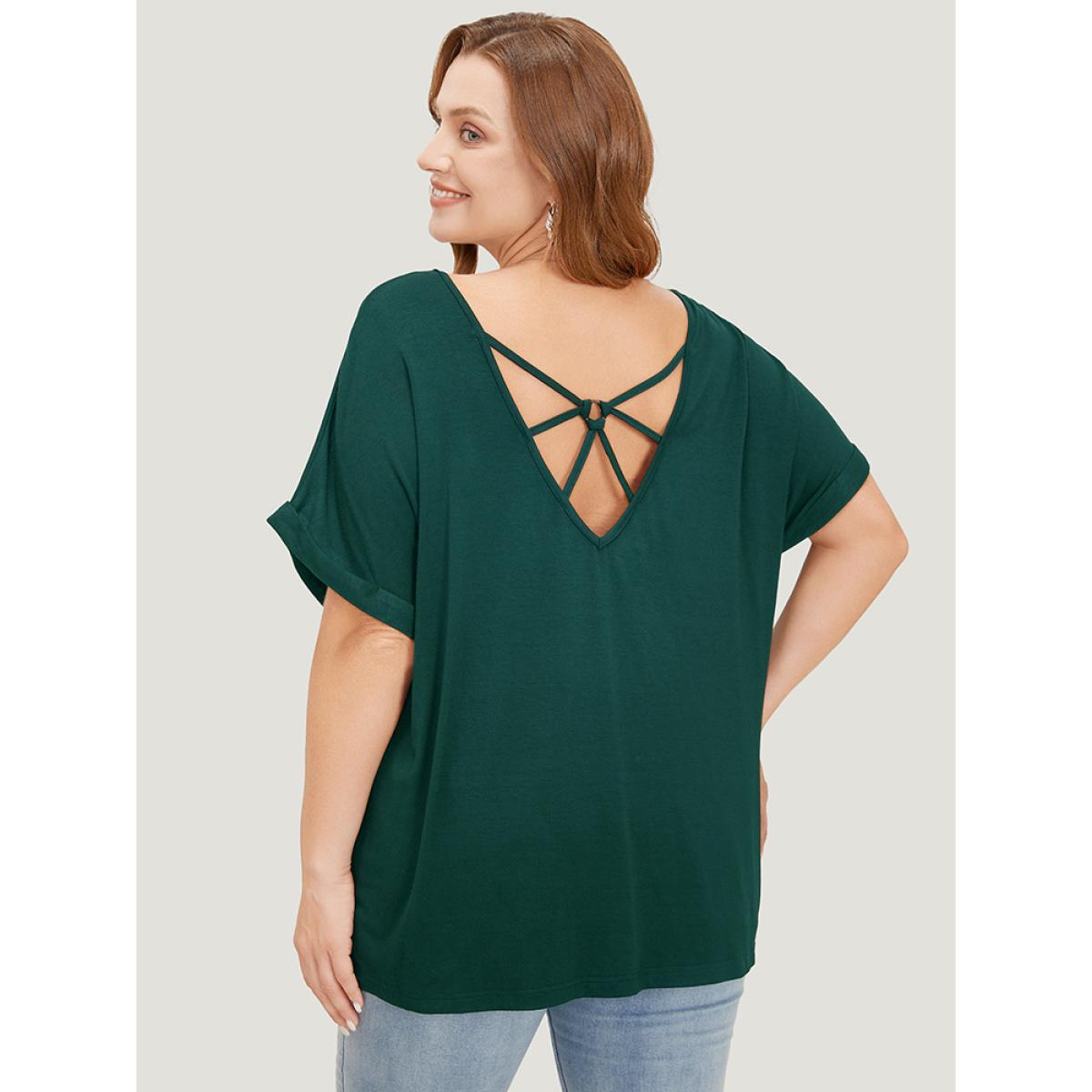 Plus Size Solid Backless Roll Sleeve Cut Out T-shirt Green Women Elegant Cut-Out Plain V-neck Dailywear T-shirts BloomChic 12/L Product Image