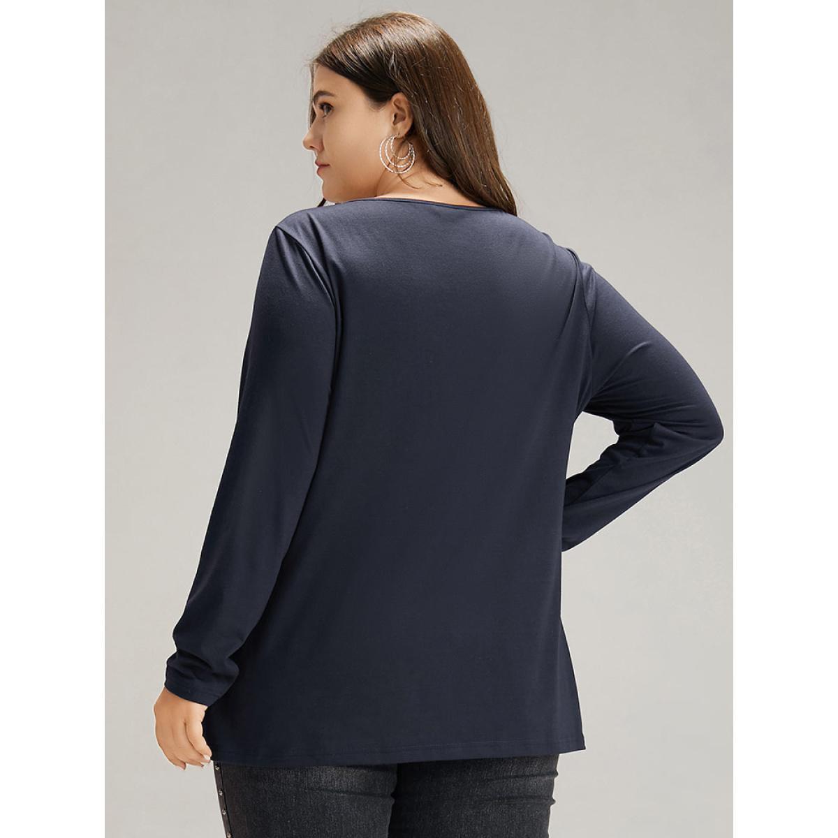 Plus Size Plain Half Zip Button Detail T-shirt Midnight Women Casual Plain Plain Open Front Everyday T-shirts BloomChic 28/5X Product Image