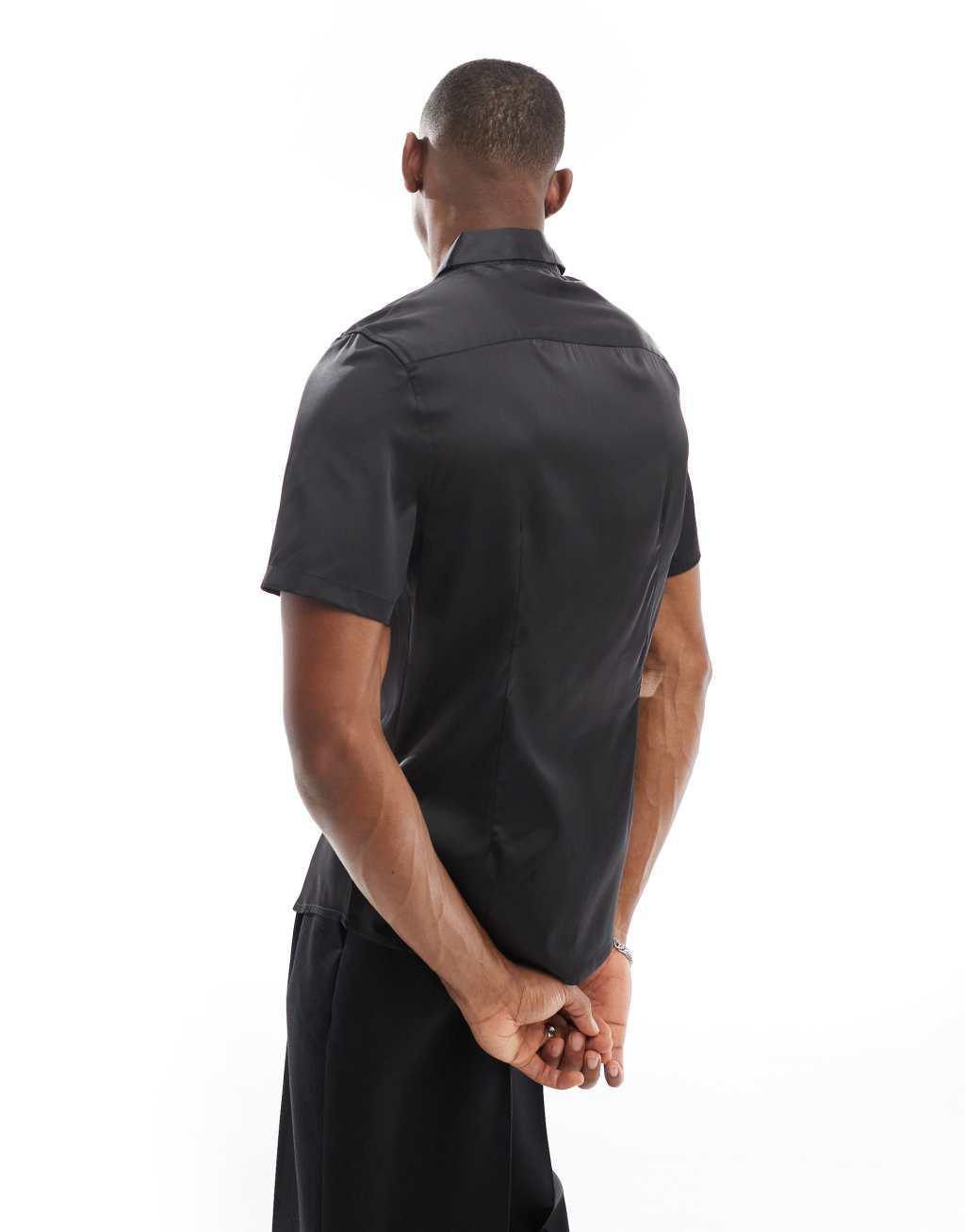 ASOS DESIGN skinny satin shirt in black Product Image